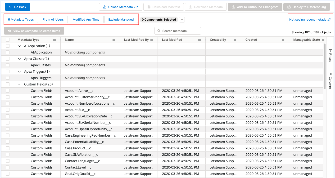 Metadata table screenshot